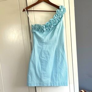 Lilly Pulitzer Blue Seersucker Off-the-Shoulder DREAM Dress 0 Size 0 EUC